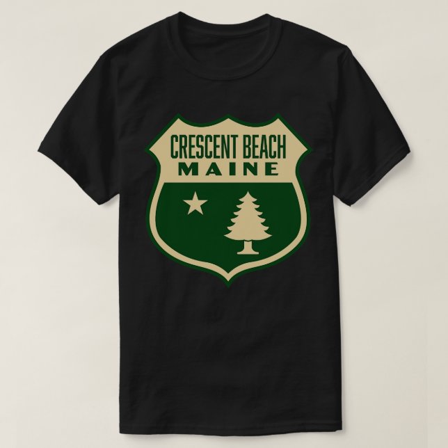 Crescent Beach Maine Retro Pine Tree Shield Tan T-Shirt (Design Front)