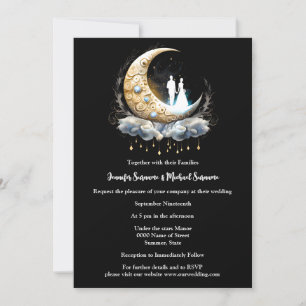 Crescent celestial blue white black couple moon  invitation