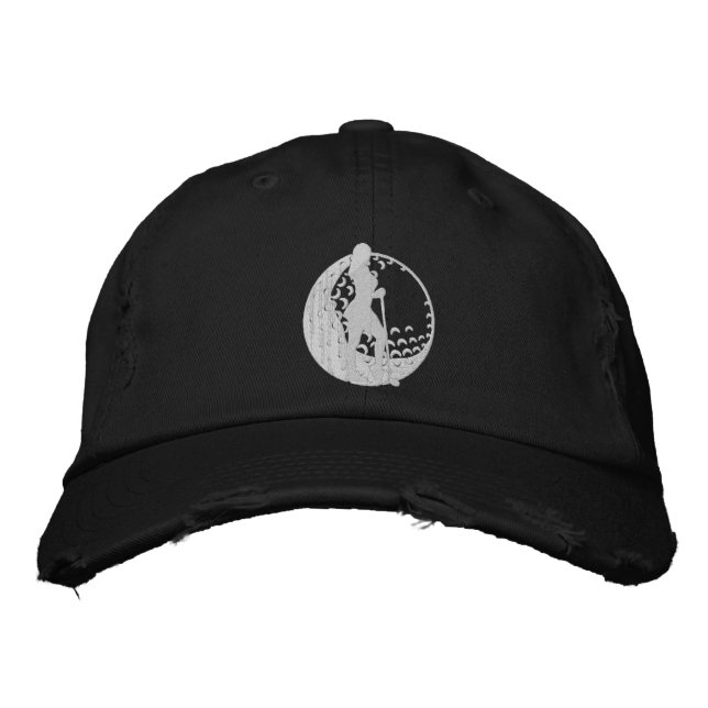 Crescent Golf Ball Golfer Striking Silhouette Embroidered Hat (Front)