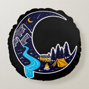 Crescent Moon Adventure Camping Round Cushion