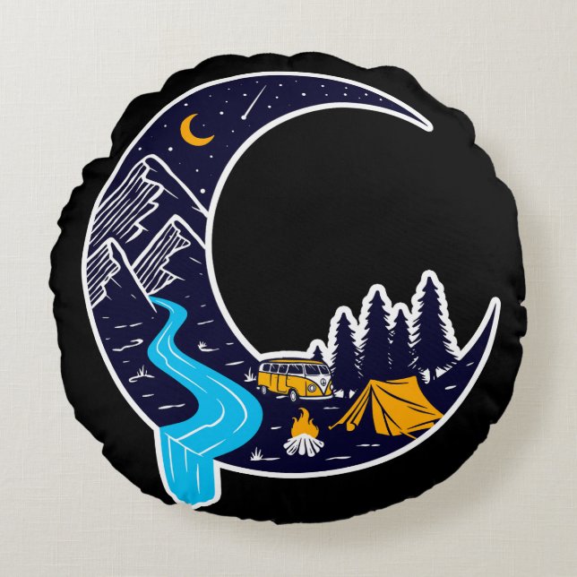 Crescent Moon Adventure Camping Round Cushion (Front)