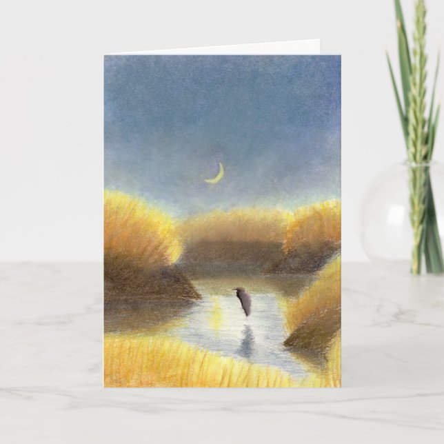 Crescent Moon and Great Blue Heron Card (Front)