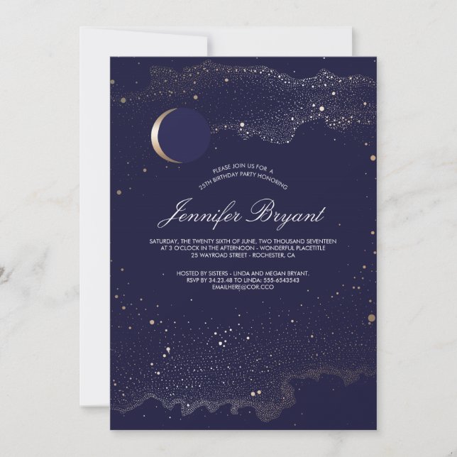 Crescent Moon and Night Stars Birthday Party Invitation (Front)