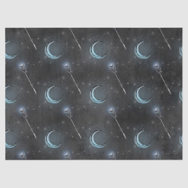 Crescent Moon and Staff on Black Decoupage Tissue Paper (Front)