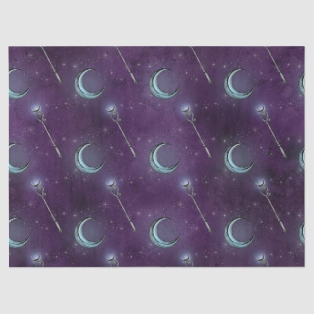 Crescent Moon and Staff on Purple Decoupage Tissue Paper (Front)