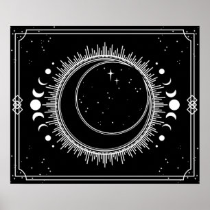 Crescent Moon and Sun with Stars Black and White Poster