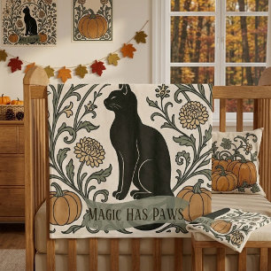 Crescent Moon Black Cat Botanical   Magic Has Paws Fleece Blanket