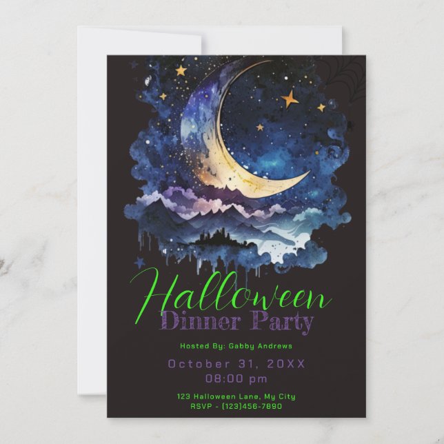 Crescent Moon Blue Clouds Halloween Dinner Party Invitation (Front)