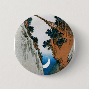 Crescent Moon, Bridge, and Waterfall. Japan. 6 Cm Round Badge