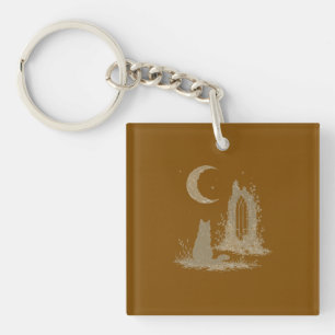 Crescent Moon Cat Ancient Ruins Gothic Illustratio Key Ring
