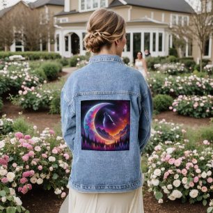 Crescent Moon Colourful night sky Wolf Howl Denim Jacket