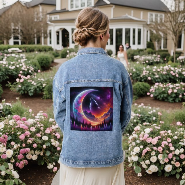 Crescent Moon Colourful night sky Wolf Howl Denim Jacket (Wedding Back)