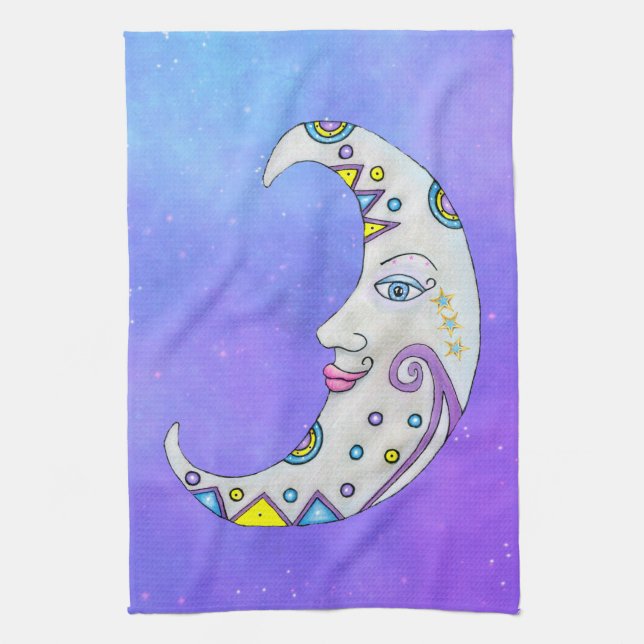 Crescent Moon Colourful Shapes Pretty Face Purple Tea Towel (Vertical)