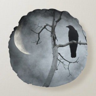 Crescent Moon Crow Round Cushion