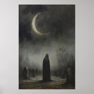 Crescent Moon Dark Tombstones Cemetery Graveyard Poster