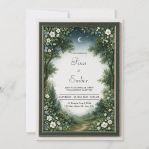 Crescent Moon Emerald Woodland Frame Wedding Invitation