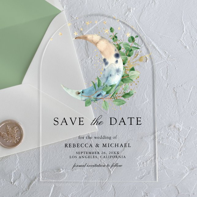Crescent Moon Eucalyptus Wedding Save the Date Acrylic Invitations (Creator Uploaded)