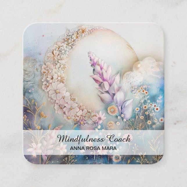 *~* Crescent Moon Flowers QR Floral AP70 Ethereal  Square Business Card (Front)