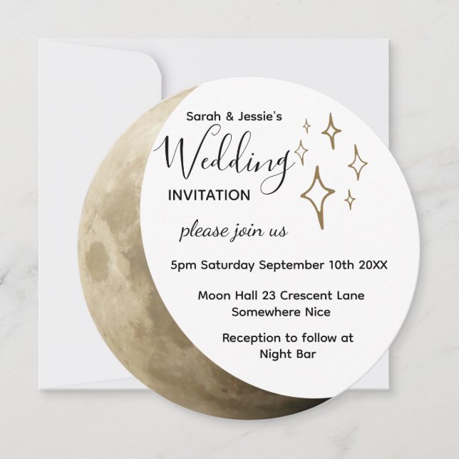 Crescent Moon & Gold Stars Wedding Invitation (Front)
