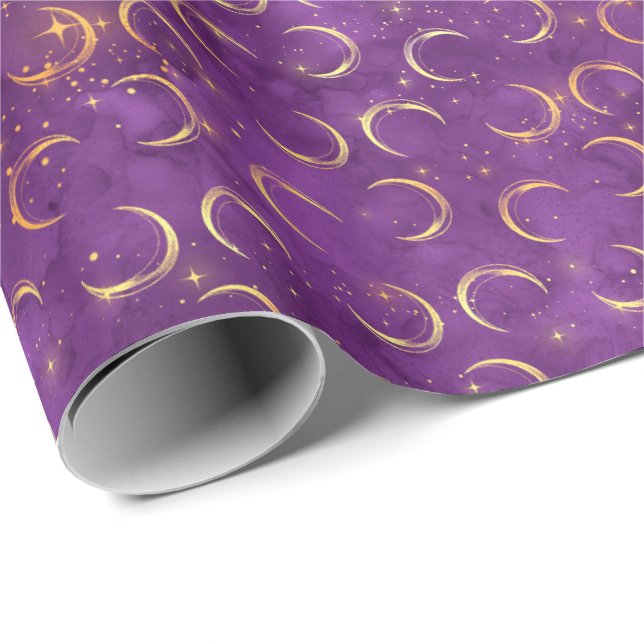 Crescent Moon Halloween Spell Gold Purple Pattern Wrapping Paper (Roll Corner)