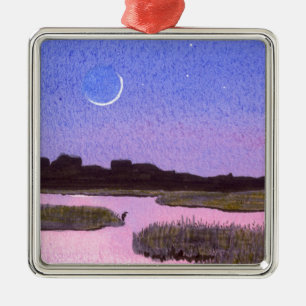 Crescent Moon & Heron in Twilight Marsh Metal Ornament