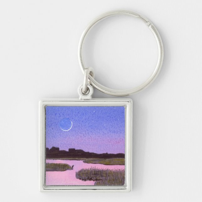 Crescent Moon & Heron Twilight Marsh Key Ring (Front)