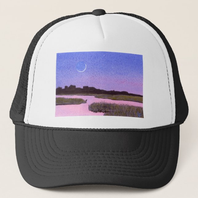 Crescent Moon & Heron Twilight Marsh Trucker Hat (Front)