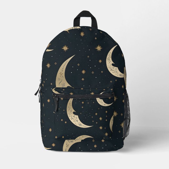 Crescent moon in black and gold printed backpack (Front)
