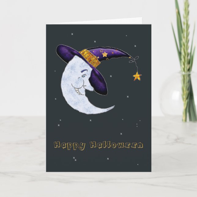 Crescent Moon in Witch's Hat Halloween Card (Front)