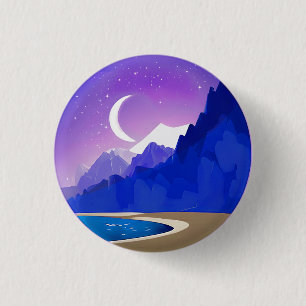 Crescent Moon, Lake and Mountains in Violet & Blue 3 Cm Round Badge