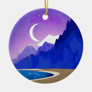 Crescent Moon, Lake and Mountains in Violet & Blue Ceramic Ornament