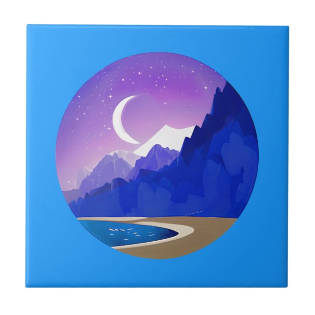 Crescent Moon, Lake and Mountains in Violet & Blue Ceramic Tile (Front)