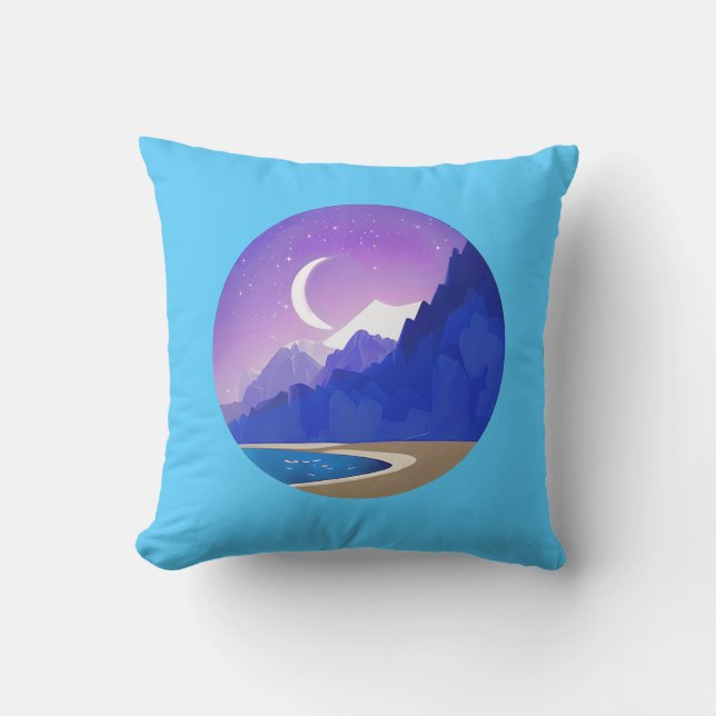 Crescent Moon, Lake and Mountains in Violet & Blue Cushion (Front)