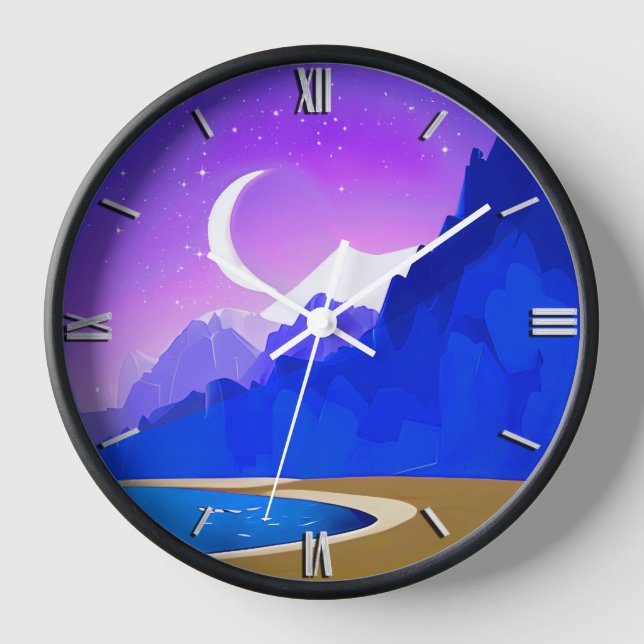 Crescent Moon, Lake & Mountains in Violet & Blue Clock (Front)