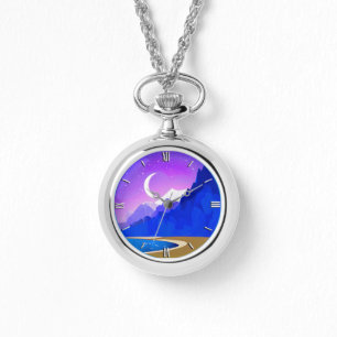 Crescent Moon, Lake & Mountains in Violet & Blue Watch