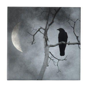Crescent Moon Lit Crow Ceramic Tile