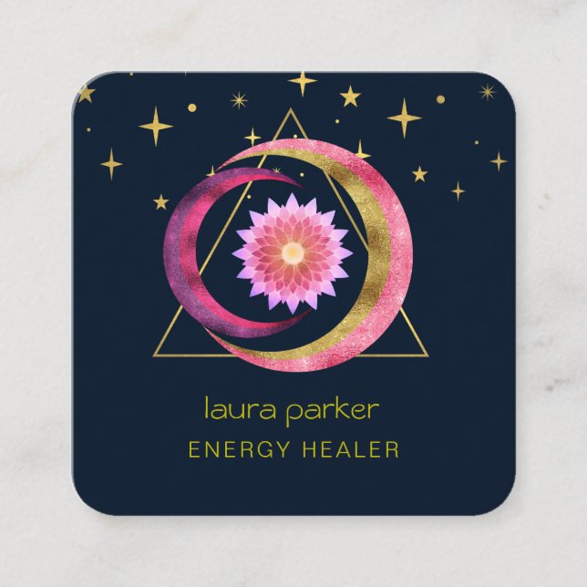 Crescent Moon Mystic Lotus Flower Healing Energy Square Business Card (Front)