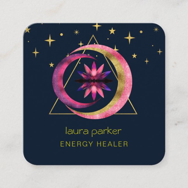 Crescent Moon Mystic Lotus Flower Healing Energy Square Business Card (Front)