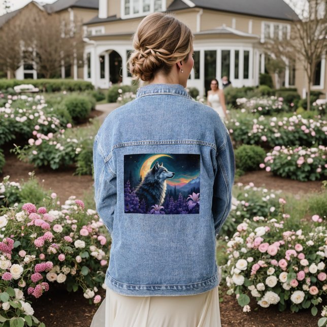Crescent Moon night sky Wolf  Denim Jacket (Wedding Back)
