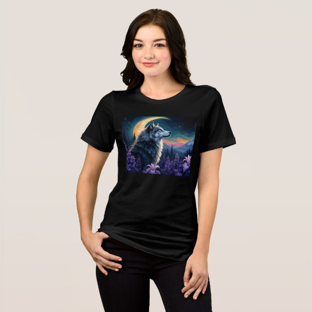 Crescent Moon night sky Wolf  Tri-Blend Shirt (Front Full)