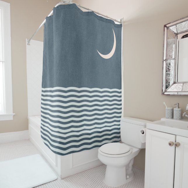 Crescent Moon Ocean Midnight Navi Blue Shower Curtain (In Situ)