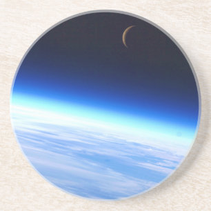 Crescent Moon Over A Bright Blue Glowing Earth Coaster