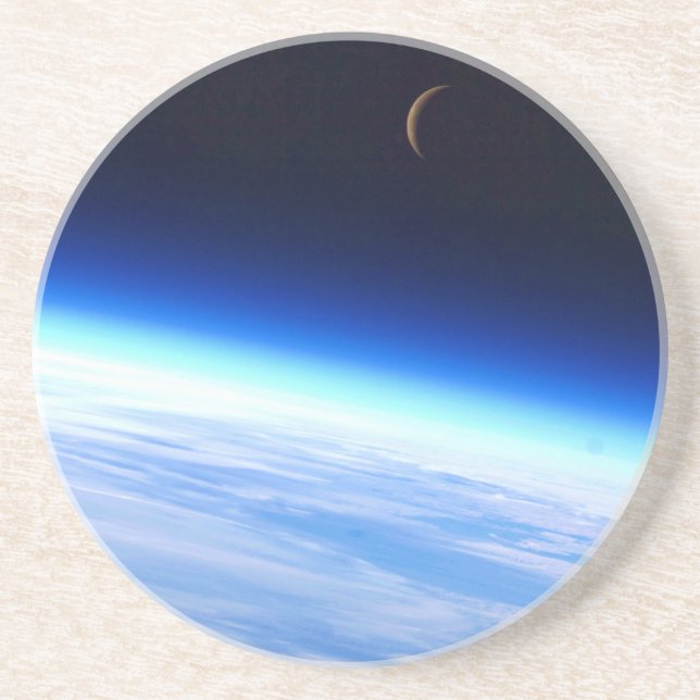 Crescent Moon Over A Bright Blue Glowing Earth Coaster (Front)