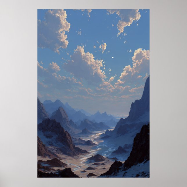Crescent Moon Over Misty Mountain Valley Poster (Front)