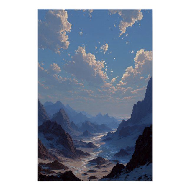 Crescent Moon Over Misty Mountain Valley Poster (Front)