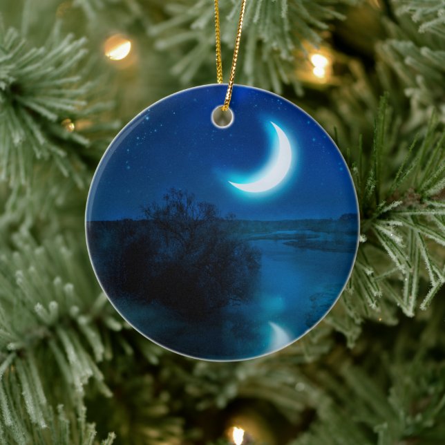 Crescent moon over river in valley ceramic ornament (Tree)