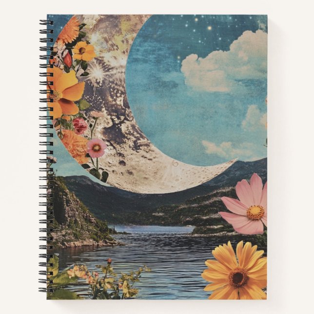 Crescent Moon Over Serene Landscape Notebook (Front)