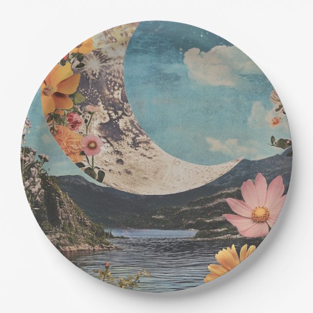 Crescent Moon Over Serene Landscape Paper Plate (Front)