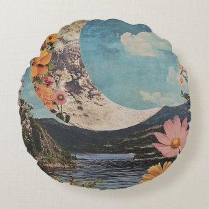Crescent Moon Over Serene Landscape Round Cushion