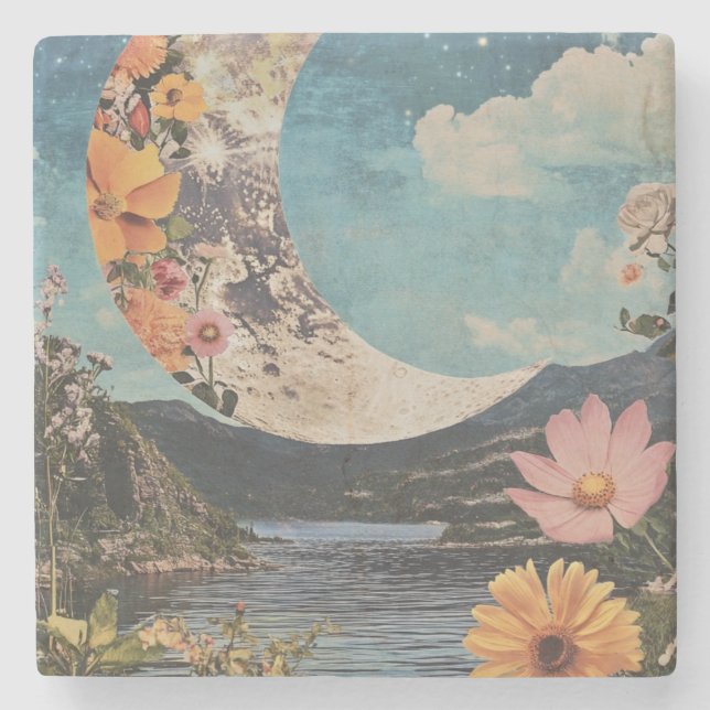 Crescent Moon Over Serene Landscape Stone Coaster (Front)